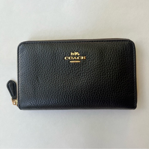 Coach Handbags - Coach Medium ID Zip Around Wallet Black Pebbled Leather Gold Hardware